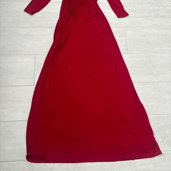 Mother Bee Maternity V-Neck 3/4 Sleeve Ruched Red Expecting Mother Maxi Dress - Picture 4 of 8